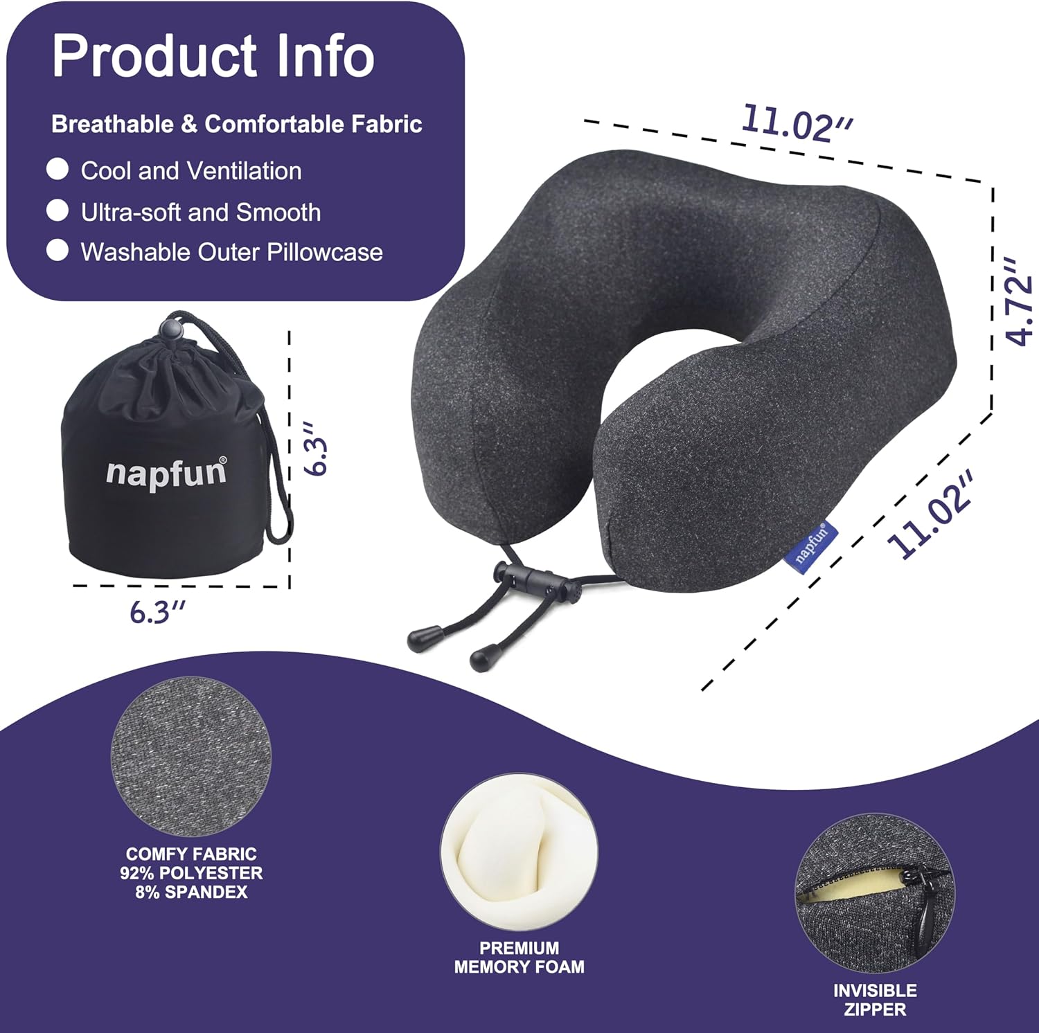 napfun Neck Pillow for Travel, Memory Foam Airplane Pillow, Full Black | 360° Neck Support, Upgraded 100% Memory Foam for Airplane, Car, Train, Bus, Office Sleep, Travel Essentials for Long Flights - Image 2