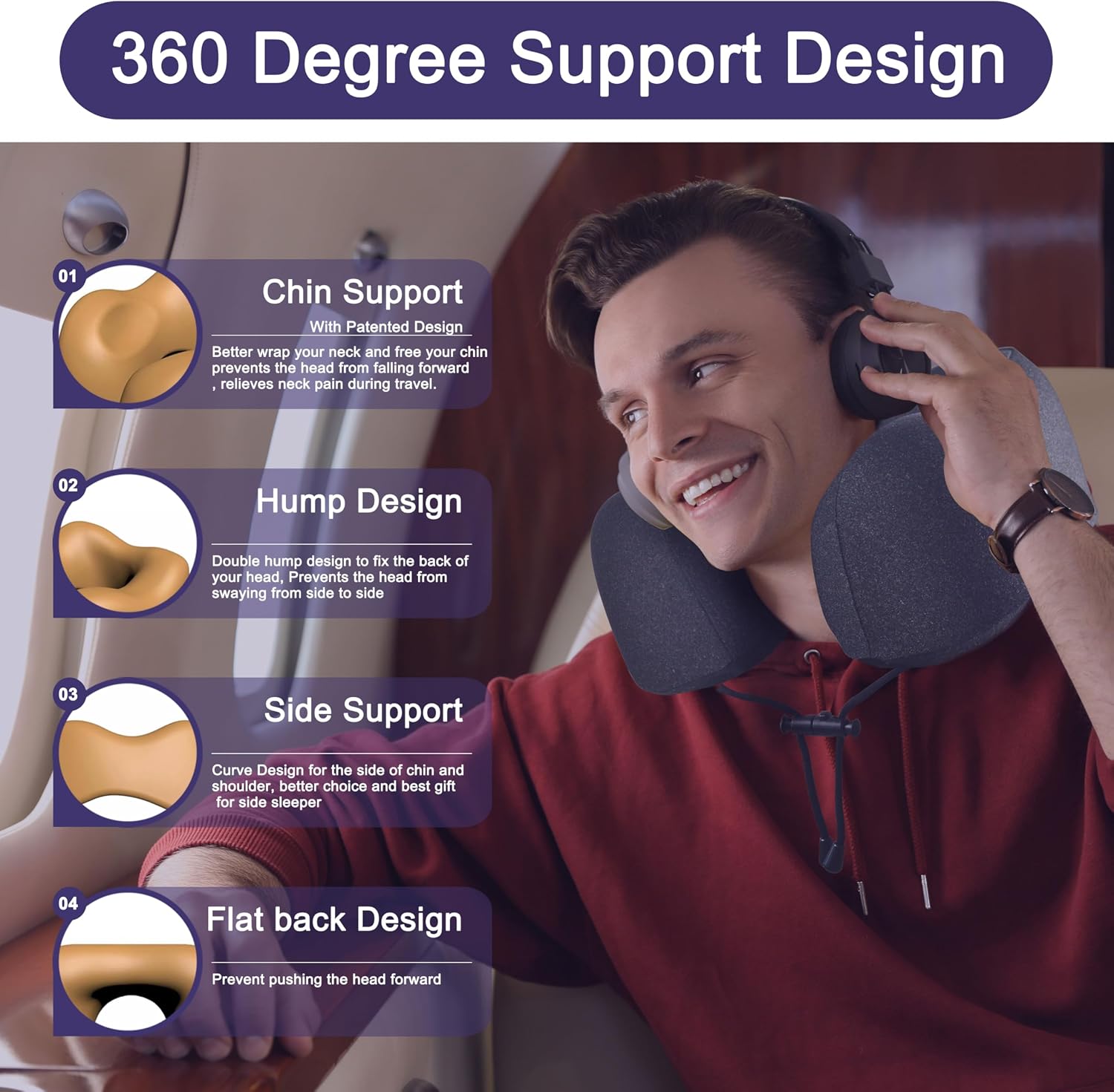 napfun Neck Pillow for Travel, Memory Foam Airplane Pillow, Full Black | 360° Neck Support, Upgraded 100% Memory Foam for Airplane, Car, Train, Bus, Office Sleep, Travel Essentials for Long Flights - Image 3