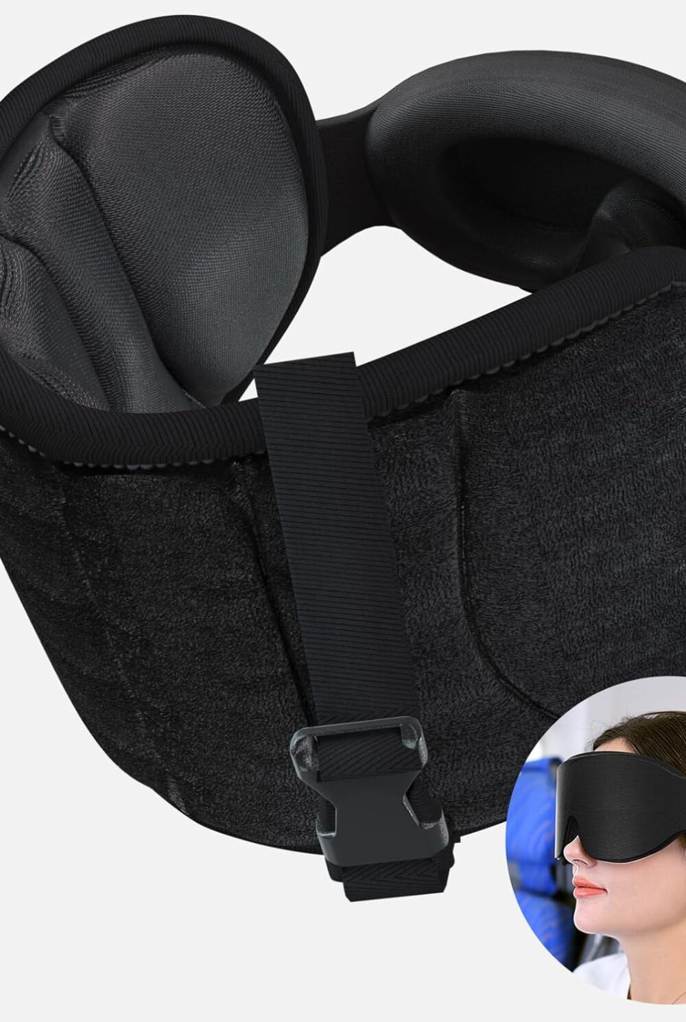 SARISUN Travel Pillows for Airplanes, Stable Head Support, Travel Essential | Airplane Pillow with 3D Eye Mask, Seat Strap Secures to Headrest, Stop Bobblehead, for Long Flight Road Trip Sleeping, Black