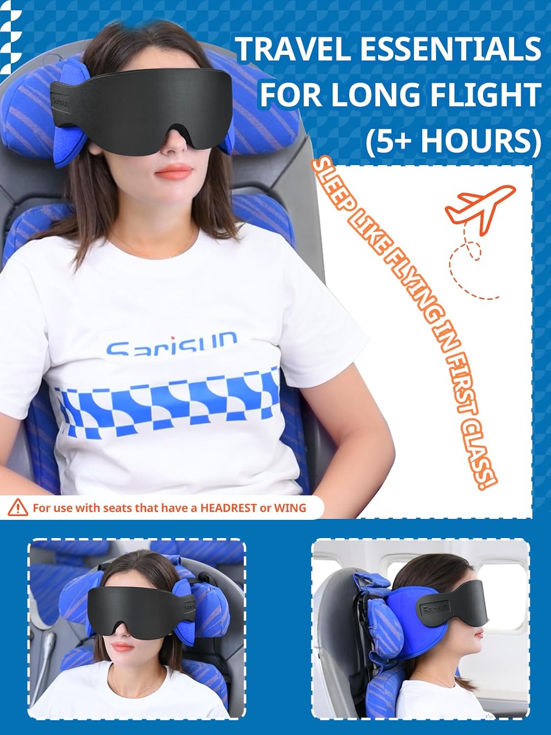 SARISUN Travel Pillows for Airplanes, Stable Head Support, Travel Essential | Airplane Pillow with 3D Eye Mask, Seat Strap Secures to Headrest, Stop Bobblehead, for Long Flight Road Trip Sleeping, Black - Image 2