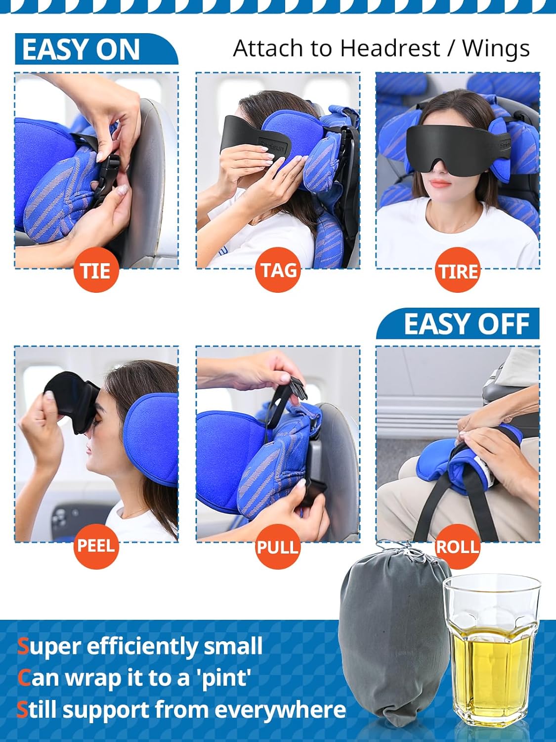 SARISUN Travel Pillows for Airplanes, Stable Head Support, Travel Essential | Airplane Pillow with 3D Eye Mask, Seat Strap Secures to Headrest, Stop Bobblehead, for Long Flight Road Trip Sleeping, Black - Image 4